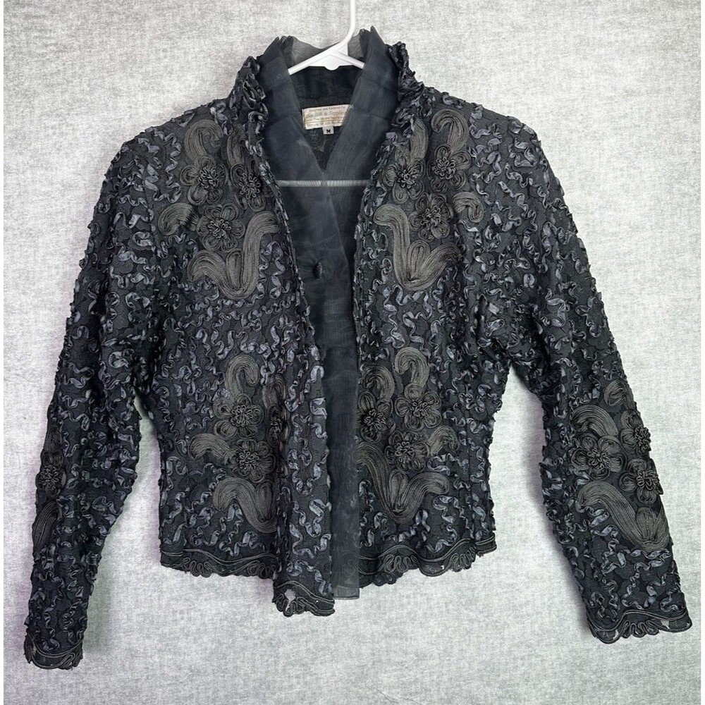 Thai Silk & Sapphires Grey Silk Button Up Jacket with Ribbon Rosettes Wear Art M